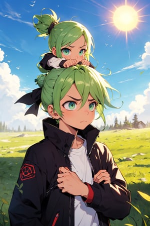 High quality, best quality, 1boy, Sage hair, (Man Bun:1.3), Sage eyes, (Shouldering, expressing helplessness:1.5) Sage overcoat, (Fixing Her Hair:1.3), sun, sky, grass, upper body,Chibi,Color Booster,(best quality, masterpiece)