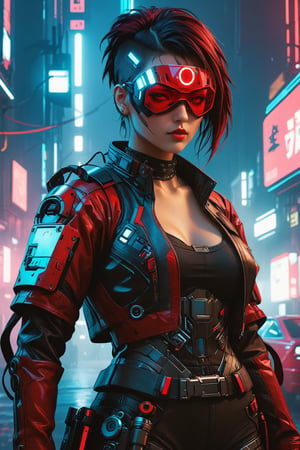 full bodyshot female half-human, half-robot protagonist donning cyberpunk-inspired attire in red and black shades, incorporating goth style elements and a distinctive face, ultra hd, realistic, vivid colors, highly detailed, UHD drawing, pen and ink, perfect composition, beautiful detailed intricate insanely detailed octane render trending on artstation, 8k artistic photography, photorealistic concept art, soft natural volumetric cinematic perfect light