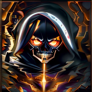 full bodyshot of a grim reaper's face, illuminated by moonlight. The reaper's eyes are glowing red, and its mouth is twisted into a cruel smile.