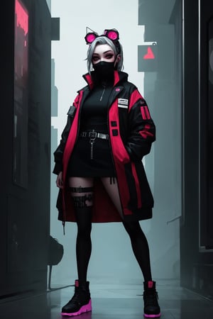 full bodyshot Illustrate the scene of the female character embodying the cyberpunk aesthetic, characterized by a bold combination of red and black tones, gothic elements, and a futuristic face mask.,Decora_SWstyle,cinematic style,rebnun
