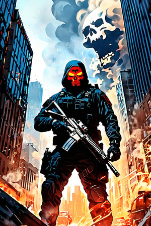 Mid-air explosion ravages the cityscape, casting a fiery glow on 'Ghost's' imposing figure. His skull-patterned mask radiates a foreboding blue light amidst the chaos of falling buildings, swirling smoke, and scattered enemies. 'Ghost', clad in black and red tactical gear, holds his iconic M4 rifle steady, his authoritative stance and unwavering gaze fixed on the horizon as he stands resolute against the turmoil.