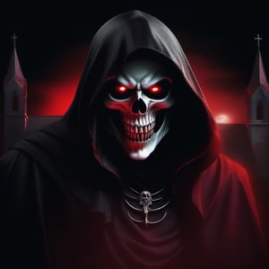 full bodyshot of a grim reaper's face, illuminated by moonlight. The reaper's eyes are glowing red, and its mouth is twisted into a cruel smile, infront of a churc.,horror,fantasy00d