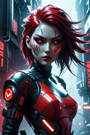 full bodyshot Illustrate the scene of the female character embodying the cyberpunk aesthetic, characterized by a bold combination of red and black tones, gothic elements, and a futuristic face mask.,Decora_SWstyle,cinematic style,rebnun, akatsukiiwao,p0pp3r 