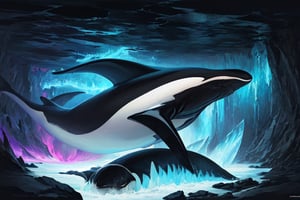 (masterpiece,absurder detailed:1.2),((giant colorful mechanical orca floating in the void)), ore texture , wide open  ,ice and fire ,mandala, amazing thematic dark and  abyss background, (A perfect finished work of official art:1.1). oil painting (ART By Apterus, ART By Dan Mumford:1.1),Science Fiction,paper_cut,belvor