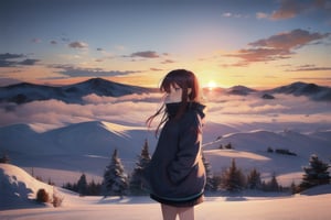 absurdres, highres, best quality, 1girl, snow,comfy, scenery, sunset, clouds, wind, 