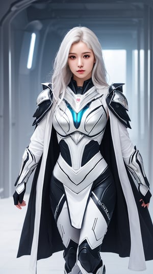 ((masterpiece:1.4, best quality:1.2, realistic, ultra realistic)), 1girl, fullbody, solo focus, tall female, delicate face, expressionless, extremely detailed face and eyes, beautiful white armor, white hair, long hair, glowing eyes, futuristic setting, futuristic city background