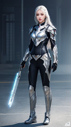 ((masterpiece:1.4, best quality:1.2, realistic, ultra realistic)), 1girl, fullbody, solo focus, tall female, delicate face, expressionless, extremely detailed face and eyes, beautiful white armor, white hair, long hair, glowing eyes, futuristic setting, futuristic city background