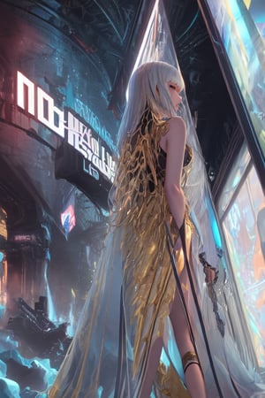 Highly detailed futuristic adorable chain made of white and gold mechanics, Liz Gael, Marton Bobzert, Lou Xas, Artur N. Kisteb, Hyperrealistic, insane depth, hyperdetailed, perfect composition, deep colors, splash art, concept art, full body shot, intricate, color depth, dramatic, back lit space background,1girl