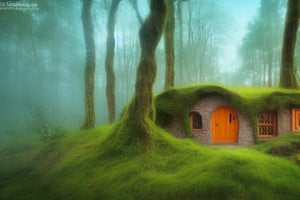 An enchanting hobbit house nestled within a mystical forest, with tall ancient trees towering overhead, their branches intertwined to create a natural canopy, while rays of soft sunlight filter through, casting an ethereal glow on the mossy ground, creating an atmosphere of magic and wonder, Artwork, digital painting with vibrant colors and luminous lighting effects, --ar 9:16 --v 5