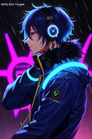 blacklight, solo, male focus, headphones, 1boy, rain, long sleeves, fur trim, web address, blurry, upper body, hair over eyes, profile, jacket, from side, artist name, closed mouth, short hair