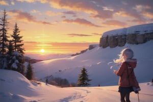 absurdres, highres, best quality, 1girl, snow,comfy, scenery, sunset, clouds, wind, 