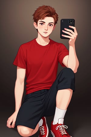 a boy with red T shirt, shaved, , dark background background, Red short, blueshoes , masterpiece (bestquality:1.3),bestillustration, extremely detailed 8K wallpaper, young man, 1boy, brown hairs looking at viewer, official art, pale skin, selfie pose