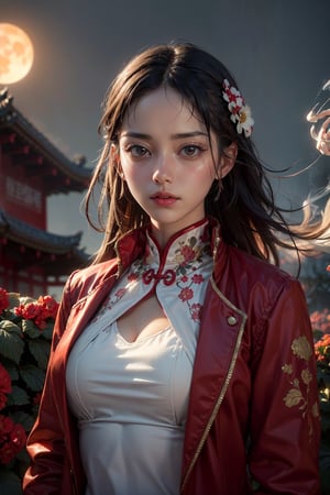 Photo_realistic), materpiece,1 girl, wearing red jacket (Glowing ambiance, enchanting radiance, red eyes,  luminous lighting, ethereal atmosphere, mesmerizing glow, evocative hues, captivating coloration, dramatic lighting, enchanting aura),1girl, masterpiece,best quality, 1girl,((moon:1)), (in smoke:1.1),(dynamic smokeanywhere:1.4),,(upper body:1.2),((nipples:0.55)),(1 Chinese patterns in the middle of the girl's forehead),girl with a weak temperament,((Begonia flowers:1.2)), epic cinematic, soft nature lights, rim light, absurd, amazing, funny, itricate, hyper detailed, ultra realistic, soft colors,   white flower,,pink flowers,, exposure blend, medium shot, bokeh, (hdr:1.4), high contrast, (cinematic, white film), (muted colors, dim colors, soothing tones:1.3), low saturation, (hyperdetailed:1.2), (noir:0.4),Chinese style,1 girl