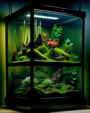 A Chemical_Garden_in glass box_of_ great_style,  , best quality,Chemical garden, plants of salts, chemical_plants high quality, high detailed, perfect , high_detailed,dark bakground, realistic_look