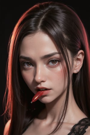 , A  blood sucking  beautiful Vampire girl,  perfect detail, master_piece, realistic, detailing, 8 k render, highly detailed, 8k  render, absurd, realistic.,l, close up , night scene, blood in mouth,