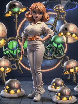 ((full body):1.5), ((1woman):1.5): wearing white medical clothes, extremely tight around her body, white long pants extremely tight around her body, only she has ((extremely large breasts):1., orange short hair, blue eyes, she is doing erotic pose, furious look and expression, looking at the viewer. \n She is in an alien hospital with ((several aliens):1.5) hospitalized in the emergency room. anime, 16k, high quality, high details, UHD, masterpiece,3DMM,Fantexi