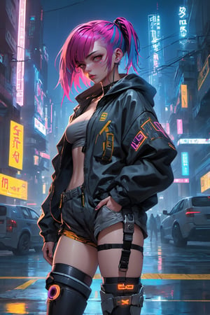 masterpiece, best quality, absurdres, perfect anatomy, 1girl, solo, multicolored hair, cyberpunk scene, cyberpunk, night city, neon lights, baggy clothes, jacket, shorts, straps, thigh boots, hands in pockets, expressionless