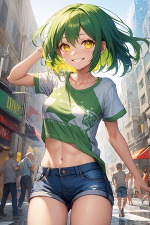 masterpiece, best quality, absurdres, perfect anatomy, 1girl, solo, green hair, medium hair, yellow eyes, bright eyes, medium breasts, t-shirt, denim shorts, city scene, dynamic pose, smile, sparkling, bright, contrast