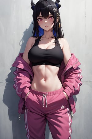 masterpiece, best quality, absurdres, perfect anatomy, 1girl, solo, NerissaRavencroft, horns, hair ornament, black hair, pink eyes, large breasts, baggy clothes, sports bra, open jacket, track pants, casual, indoors, against wall, leaning, hands in pockets, (abs:0.6), sweat