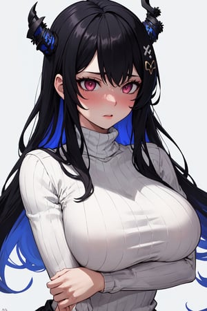 masterpiece, best quality, absurdres, perfect anatomy, 1girl, solo, NerissaRavencroft, horns, hair ornament, black hair, pink eyes, large breasts, turtleneck sweater, portrait, embarassed, blush,NerissaRavencroft