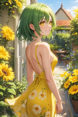 masterpiece, best quality, absurdres, perfect anatomy, 1girl, solo, green hair, medium hair, yellow eyes, bright eyes, medium breasts, from behind, (yellow sundress), garden, day, sunshine, smile, looking back