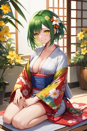 masterpiece, best quality, absurdres, perfect anatomy, 1girl, solo, green hair, medium hair, yellow eyes, bright eyes, medium breasts, indoors, kimono, hair flower, floral print, wariza, sitting, hands on own knees, smile