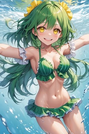 masterpiece, best quality, absurdres, perfect anatomy, 1girl, solo, green hair, medium hair, yellow eyes, bright eyes, medium breasts, water, partially submerged, smile, :d, spread arms, frilled bikini, cute, cute bikini, standing