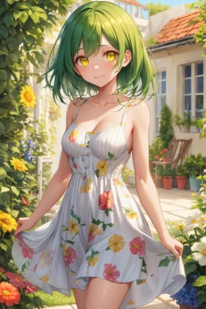 masterpiece, best quality, absurdres, perfect anatomy, 1girl, solo, green hair, medium hair, yellow eyes, bright eyes, medium breasts, sundress, garden, summer, happy, adorable, shining