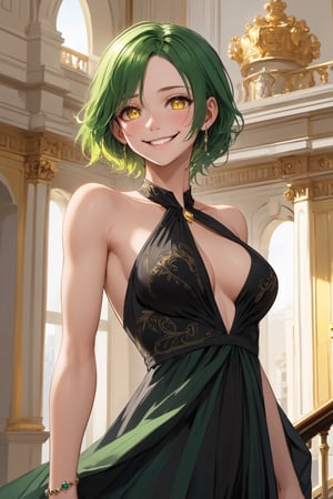 masterpiece, best quality, absurdres, perfect anatomy, 1girl, solo, green hair, medium hair, yellow eyes, bright eyes, medium breasts, elegant, long dress, black dress, halterneck, smile, indoors, palace, jewelry, standing