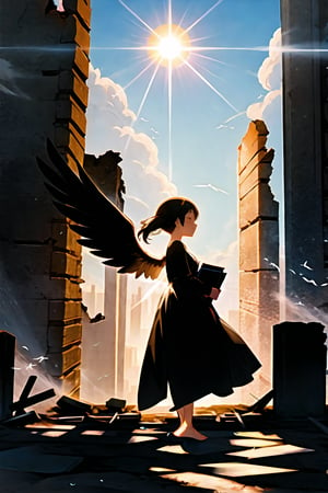 woman bird, hands wings, blissful, looks at the sky, barefoot, against the background of the ruins of the city, sun rays, book cover