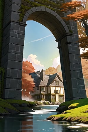 a cinematic masterpiece, a giant massive, moss-covered fantastic cottage made of Irish stone, built on top, with an arch spanning the river, an autumn slope covered with ivy