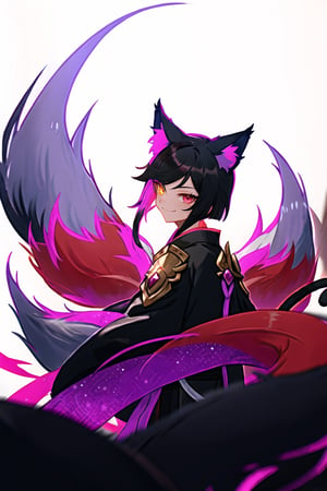 ✨✨✨,🖤🤍💜,🌄🌄🌄
vtuber, fox, nijisanji en, streamer, cold colours, detective vibes, male, a male Japanese kitsune, black hair that's short and fluffy in the back, Long strands in front, V anime shaped bangs, with some of hair in the front going down to his shoulders with w White ends of hair, scarlet eyes, red ayes, cat ayes, fox ayes, sly look, sly smile, smirk, fox ears, fluffy animal ears, fluffy tail, fox tail, black tail with white tip, nagitsune, purple esthetic, Ahri league of legends, male character, Wallpaper, demon slayer, star guardian, shiny ayes, detailed red ayes, digital art, league