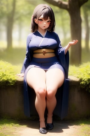 ART BY Bouguereau. SFW, MILF CHIBI GIRL Plump figure, (short legs), leather shoes, thick thighs, short. Kimono. [giga breasts]. Cool colors, forest,shizuka