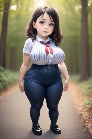 ART BY Bouguereau. SFW, MILF CHIBI LITTLE GIRL Plump figure, (short legs:1.3), leather shoes,Slim, slim waist. thick thighs, (short BODY). Denim trousers, (full body striped tights). giga breasts. forest,shizuka, HUGE BREASTS