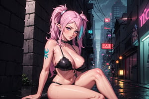 A masterful fusion of modern goth aesthetics and cyberpunk futurism. The scene is set in a dimly lit, neon-drenched alleyway of a synthetic cityscape. A striking young woman with piercing dark eyes and prominent eye bags sits slouched against the wall, her tongue stuck out in a rebellious pose. Her hair is a vibrant purple twin tail, styled in a messy, avant-garde manner. Delicate elf ears and various piercings adorn her face, while intricate tattoos cover her arms. In the background, holographic advertisements and towering skyscrapers reflect off the wet pavement, casting an eerie glow on this synthwave-inspired beauty.