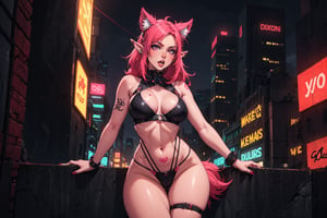 A majestic modern goth girl standing amidst the neon-lit skyscrapers of a cyberpunk city at dusk. Her piercing gaze, accentuated by dark eye circles and red-rimmed eyes, seems to pierce through the shadows. A tongue stud glints in the dim light as she gazes out upon the cityscape. Her striking features are framed by her vibrant purple twin tail hair, adorned with elf-like ear details. Tattoos on her arms seem to pulse with an otherworldly energy, as if fueled by the synthwave beats that fill the air. The camera captures her in a wide shot, showcasing her eclectic style against the backdrop of a dystopian metropolis bathed in a warm, orange-tinged night light.