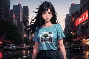 1girl, solo, long hair, looking at viewer, shirt, black hair, jewelry, closed mouth, standing, short sleeves, outdoors, necklace, tree, lips, makeup, night, blue shirt, ground vehicle, t-shirt, building, messy hair, motor vehicle, reflection, city, car, neon lights