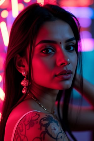 A stunning Indian woman poses elegantly against a neon-lit backdrop, bathed in the warm glow of studio lights. Her intricate henna designs and ornate jewelry gleam with an otherworldly sheen, as if infused with synthetic beauty. Beautiful face with perfect symmetric eyes, perfect contrast, extremely sharp focus. Hyper-realistic textures and ultra-high detailed features accentuate her striking features, set against a cinematic cityscape at dusk. The overall effect is a masterpiece of synthwave-inspired artistry, where technology and tradition converge in perfect contrast.,very_long_hair,black-hair,sexfriend,wet_clothes,sweating,cum