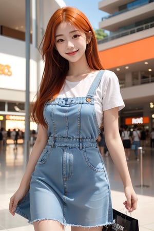 beautiful, 1girl,
(Orange hair:1.2),
long hair, smile, denim dress with short sleeves, shopping mall background, hk_girl, looking at viewer
