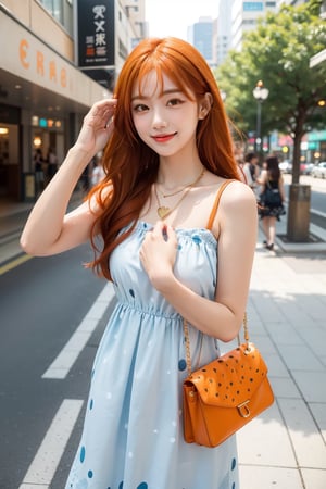 beautiful, 1girl,
(Orange hair:1.2),
long hair, smile, Pale blue sundress, (polka dot print:1.1), Golden chain necklace with heart pendant, hk_girl, (city background:0.8), orange handbag