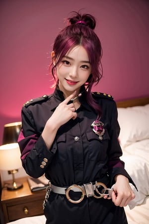 beautiful, 1girl,
(Magenta hair:1.2),
long hair, ponytail, smile, police uniform, 
(Hands Holding Handcuffs:1.1), hk_girl, bedroom background