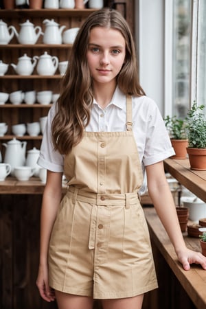 RAW photo, a amateur full body photo of 19 y.o swedish seller girl, seller uniform, standing in the tea shop, natural skin, 8k uhd, high quality, film grain, Fujifilm XT3
