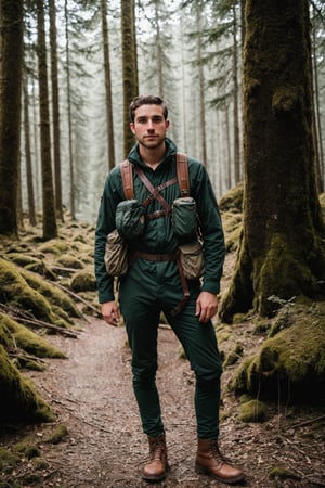 RAW photo, a amateur full body photo of 23 y.o european adventure man, adventurer clothes, standing in the forest, natural skin, 8k uhd, high quality, film grain, Fujifilm XT3