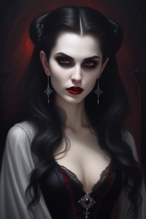 Seductive female vampire, painting, realistic style, fine brush stroked, detailed, meticulous artwork, gothic aesthetics 