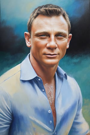 1man, painted portrait of handsome Daniel Craig, upper body, unbuttoned shirt, smiling, perfect eyes, flawless likeness, medium shot, outdoor background (ultra detailed, detailed face, masterpiece) concept art, oil pastel painting, insane details and textures, hi_res, 16k,  moody colors, realistic skin tones, old masters style, 2d, (oil painting:1.2) highly detailed