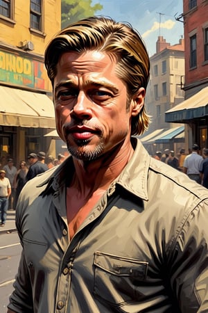 Brad Pitt exuding charisma and charm, textured oil painting, thick oil paint, brush strokes, Artrage effect,  highly detailed, sunny outdoor backdrop, dynamic lighting, super detailing, painterley effect, post impressionism, ,oil painting,comic book