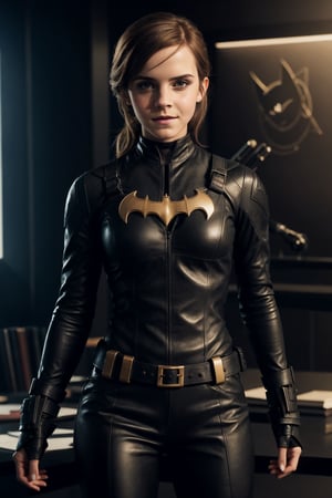 Emma Watson with boy haircut and smoky eyes, flawless likeness, as Barbara Gordon in her black Batgirl all-leather outfit, bat symbol on her chest, in her father's office, looking badass, (Athletic well-proportioned body),(Ultra realistic), (Illustration), (High resolution), (8K), (Very detailed), (Best illustration), (Beautiful eyes), (Best quality), (Ultra detailed), (Masterpiece), (Detailed face), Solo,(Dynamic pose), 1 girl, big smile, perfect eyes, dark studio