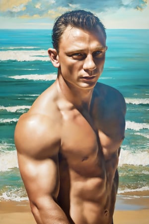 1man, handsome Daniel Craig, upper body, flawless likeness, medium shot, beach, (ultra detailed, detailed face, masterpiece) concept art, oil pastel painting , moody colors, realistic skin tones, style of Malika Favre, Ilya Kuvshinov, Franz Xaver Winterhalter, Alice Pasquin (cel shaded:1.1), 2d, (oil painting:1.2) highly detailed, jeremy mann