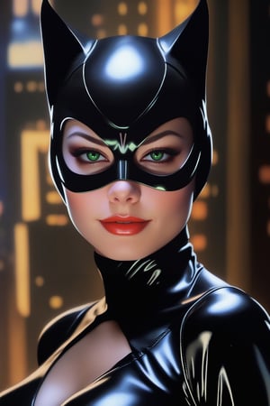 A striking image of Catwoman in close-up shot, sexy smirk, deep cleavage, glistening latex, Gotham City nocturnal background, oil painting, realistic style, fine brush stroked, detailed, meticulous artwork, soft volumetric light,photo r3al