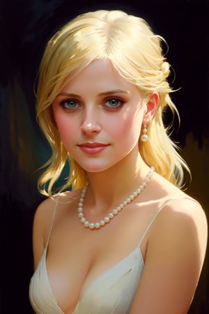 A upper body portrait of a lovely 21 y.o. Sarah Michelle Gellar in a beautiful white dress, Buffy the Vampire Slayer Season 3 hairstyle, medium length 2-color blonde hair, pearl necklace, (((a large friendly smile illuminating her face))), flawless likeness, expressive, perfect green eyes, ((perfect realistic eyes)) fantasy, concept art, oil pastel painting , moody colors, warm skin tones, gradient colored background, old masters school, golden ratio, messy style of Malika Favre, Ilya Kuvshinov, Franz Xaver Winterhalter, Alice Pasquin (cel shaded:1.1), 2d, (oil painting:1.2) highly detailed, jeremy mann